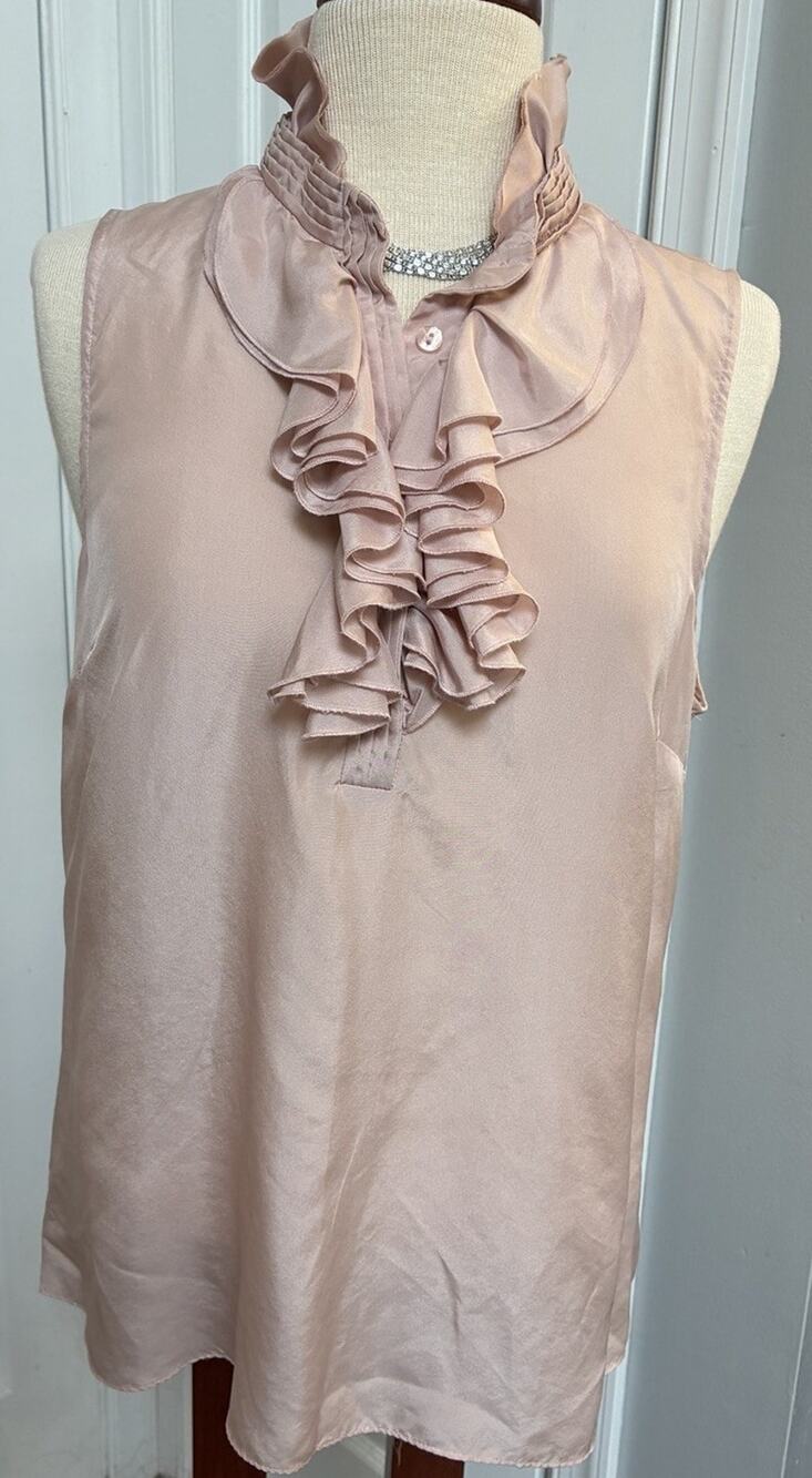Marisa Christina 100% Silk Ruffle Front Blouse Sleeveless Pink Size Large L